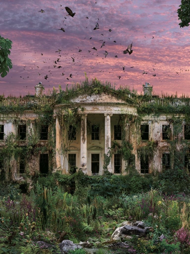 Overgrown Mansion at Sunset Poster. poster — nature art