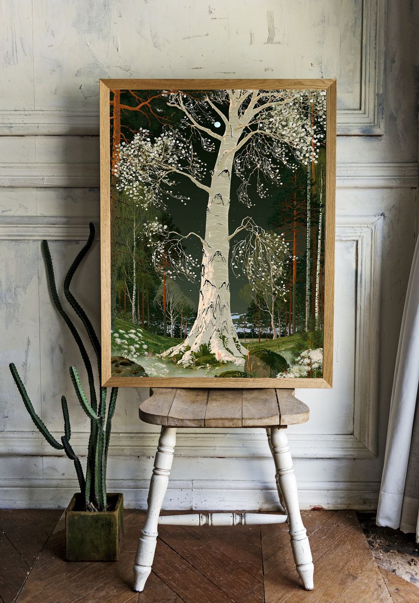 Moonlit Birch Forest Print. room preview