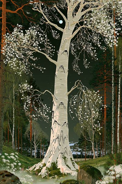 Moonlit Birch Forest Print. poster