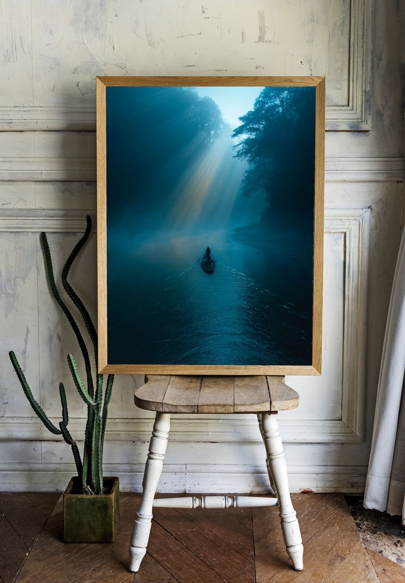 Misty River Boat Sunrise Poster. room preview