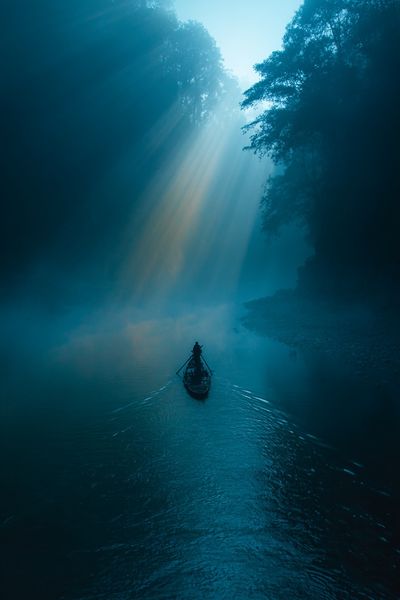 Misty River Boat Sunrise Poster.