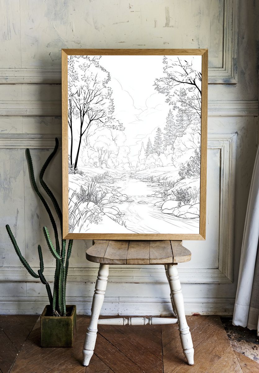 Serene Forest Stream Illustration Poster. — room view 1