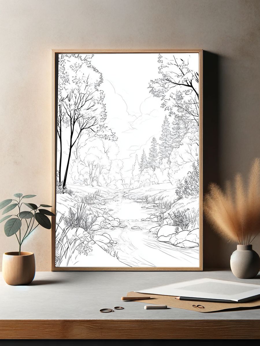Serene Forest Stream Illustration Poster. — room view 2
