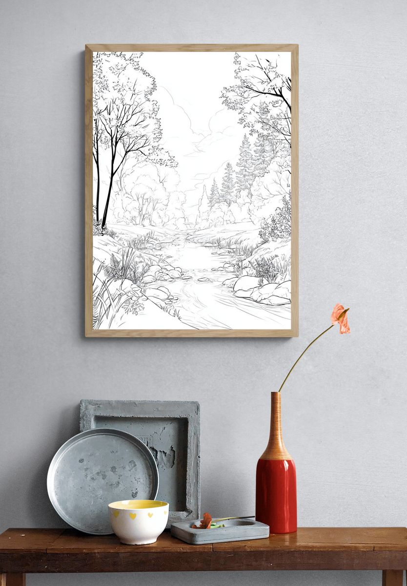Serene Forest Stream Illustration Poster. — room view 3