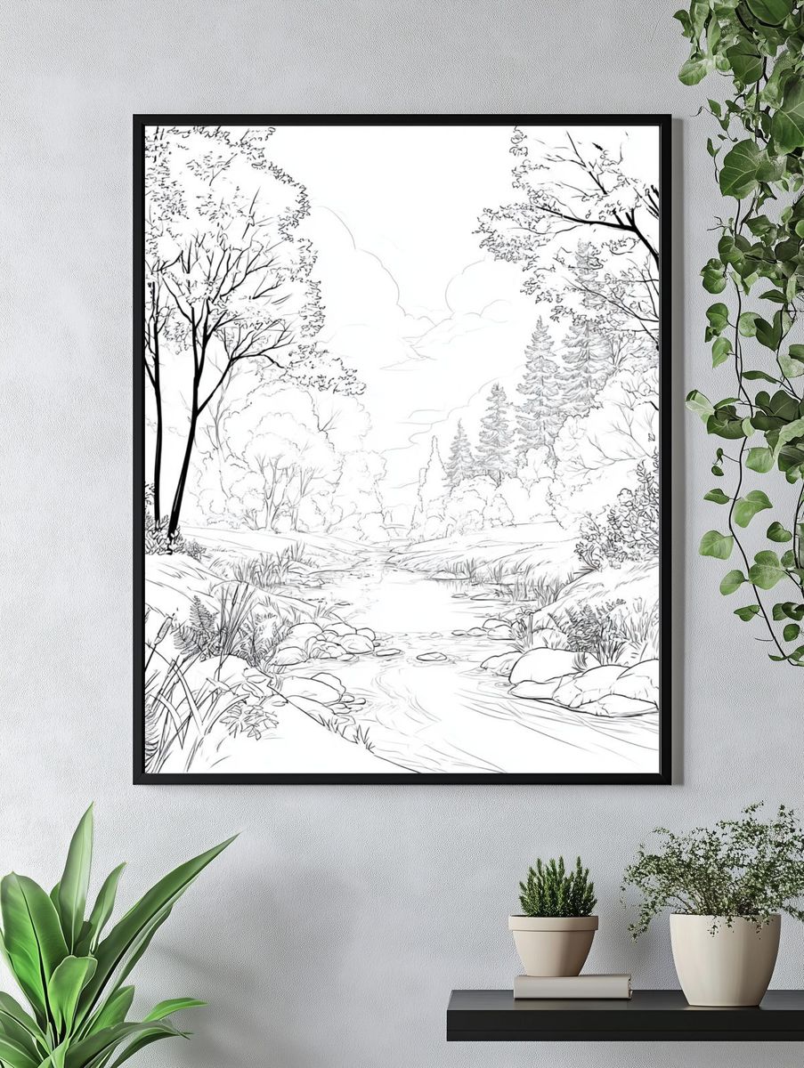 Serene Forest Stream Illustration Poster. — room view 4