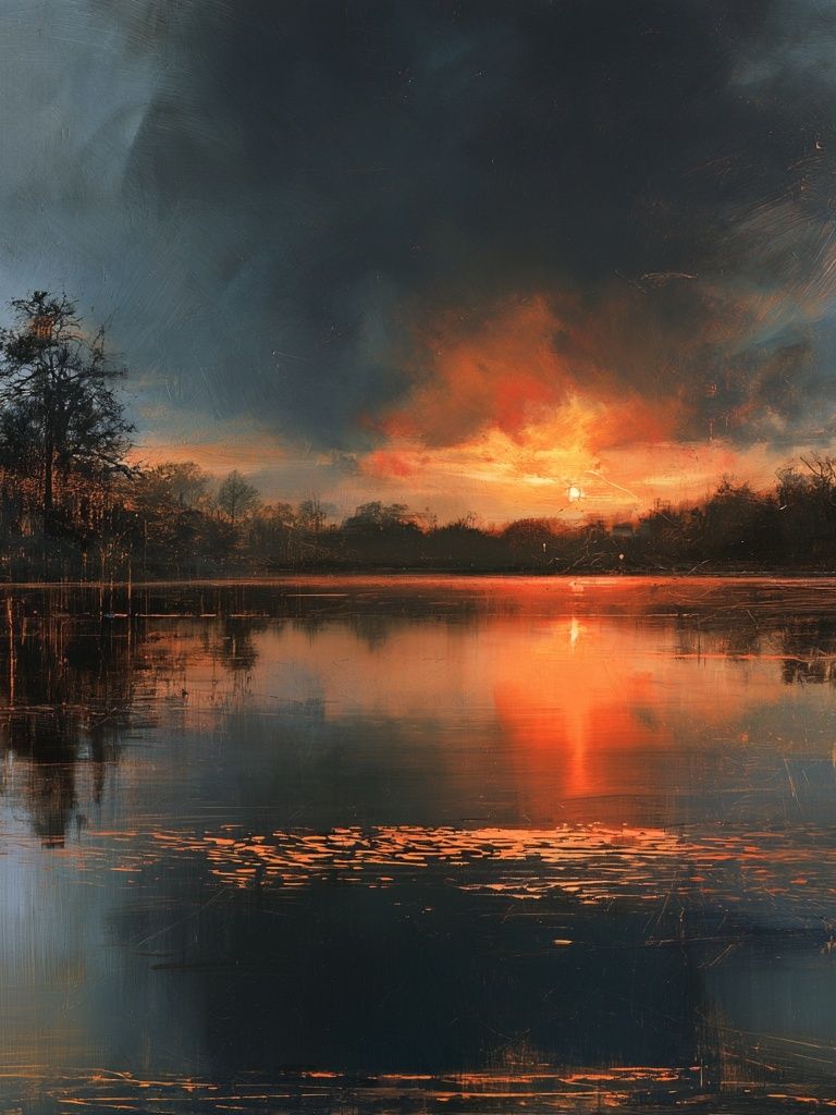 Fiery Lake Sunset Nature Print. poster — nature art