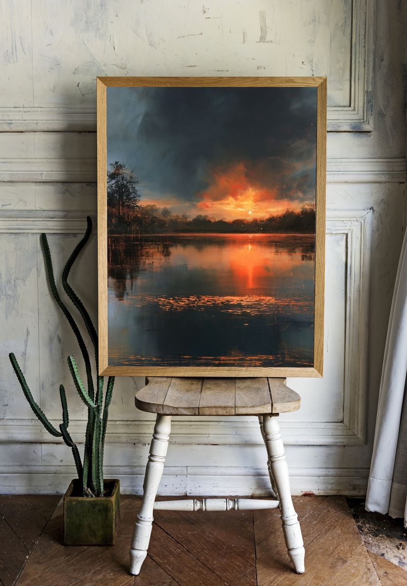 Fiery Lake Sunset Nature Print. — room view 1