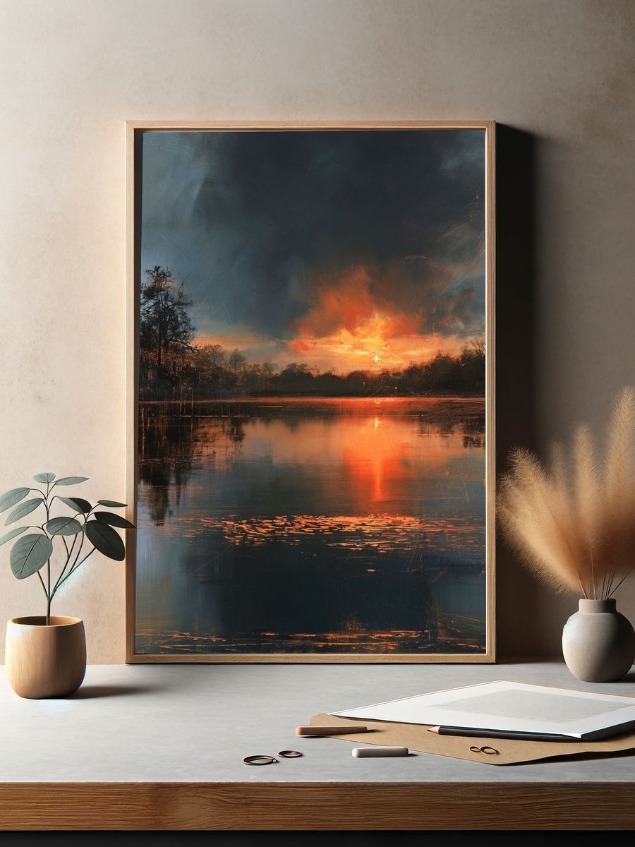 Fiery Lake Sunset Nature Print. — room view 2