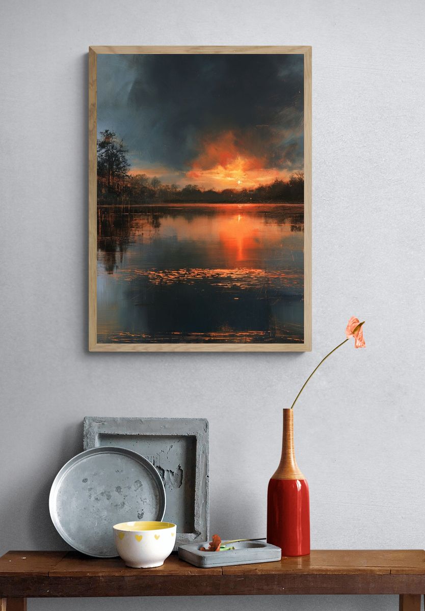 Fiery Lake Sunset Nature Print. — room view 3