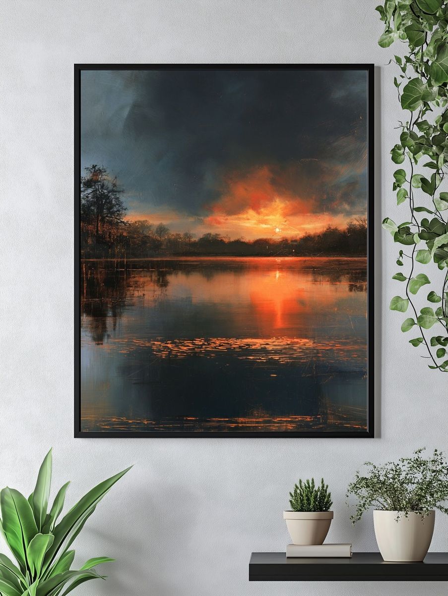 Fiery Lake Sunset Nature Print. — room view 4