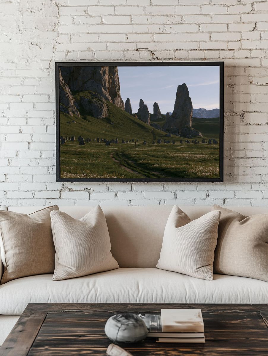 Misty Stone Spires Landscape Print. — room view 1