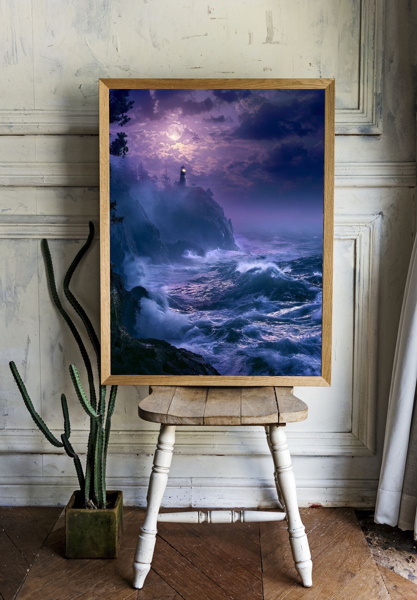 Moonlit Lighthouse Coast Poster. — room view 1