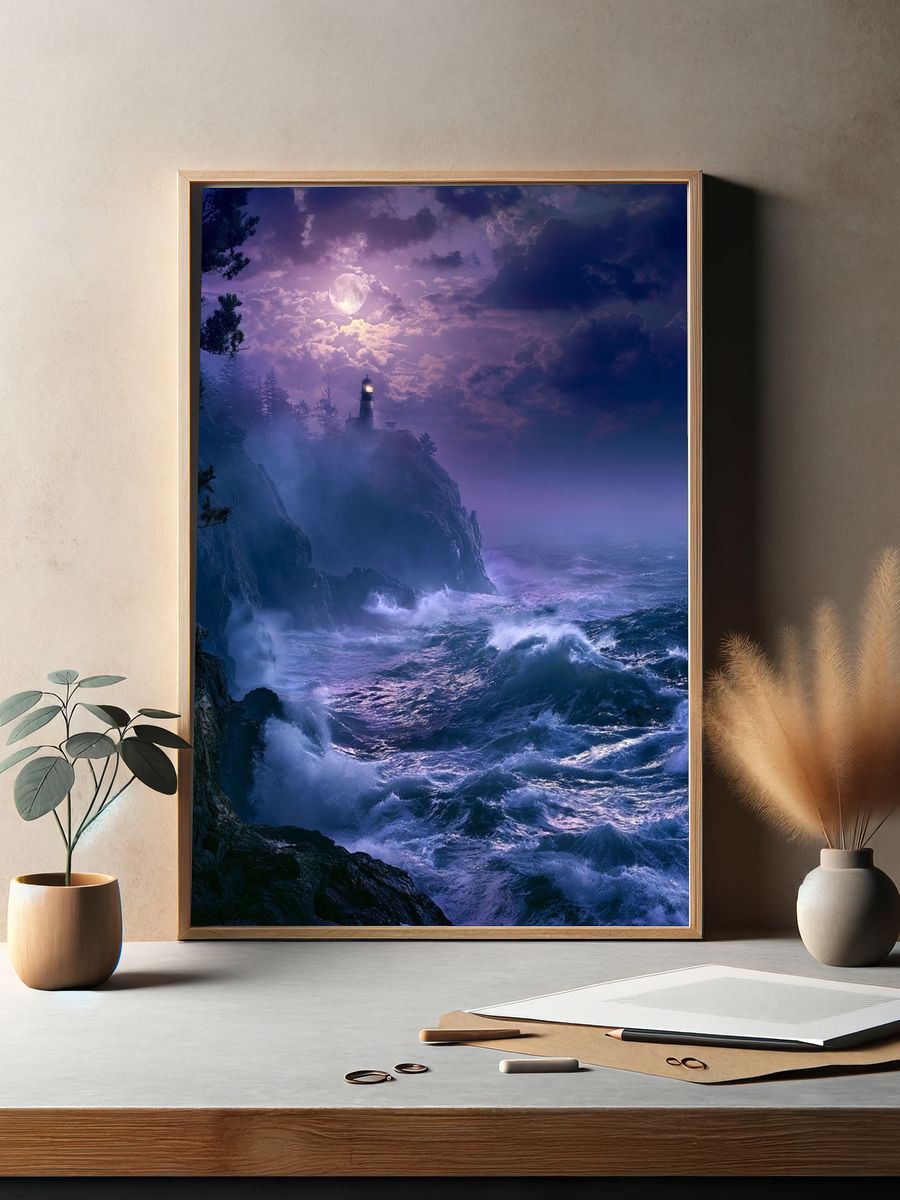 Moonlit Lighthouse Coast Poster. — room view 2