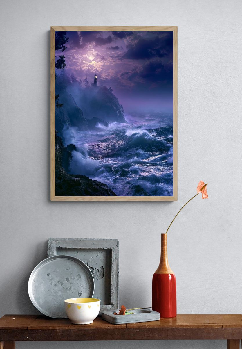 Moonlit Lighthouse Coast Poster. — room view 3