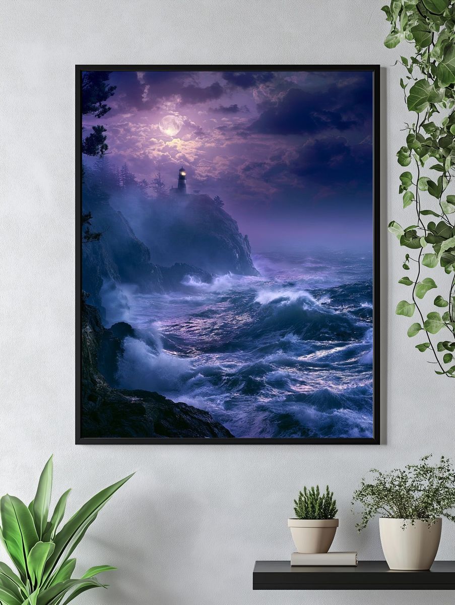 Moonlit Lighthouse Coast Poster. — room view 4