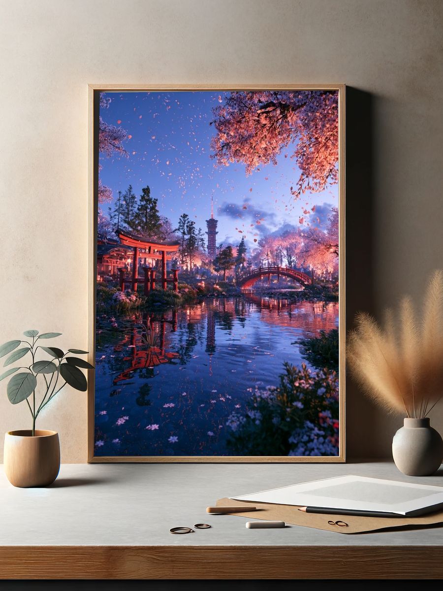 Cherry Blossom Japanese Garden Print. — room view 2