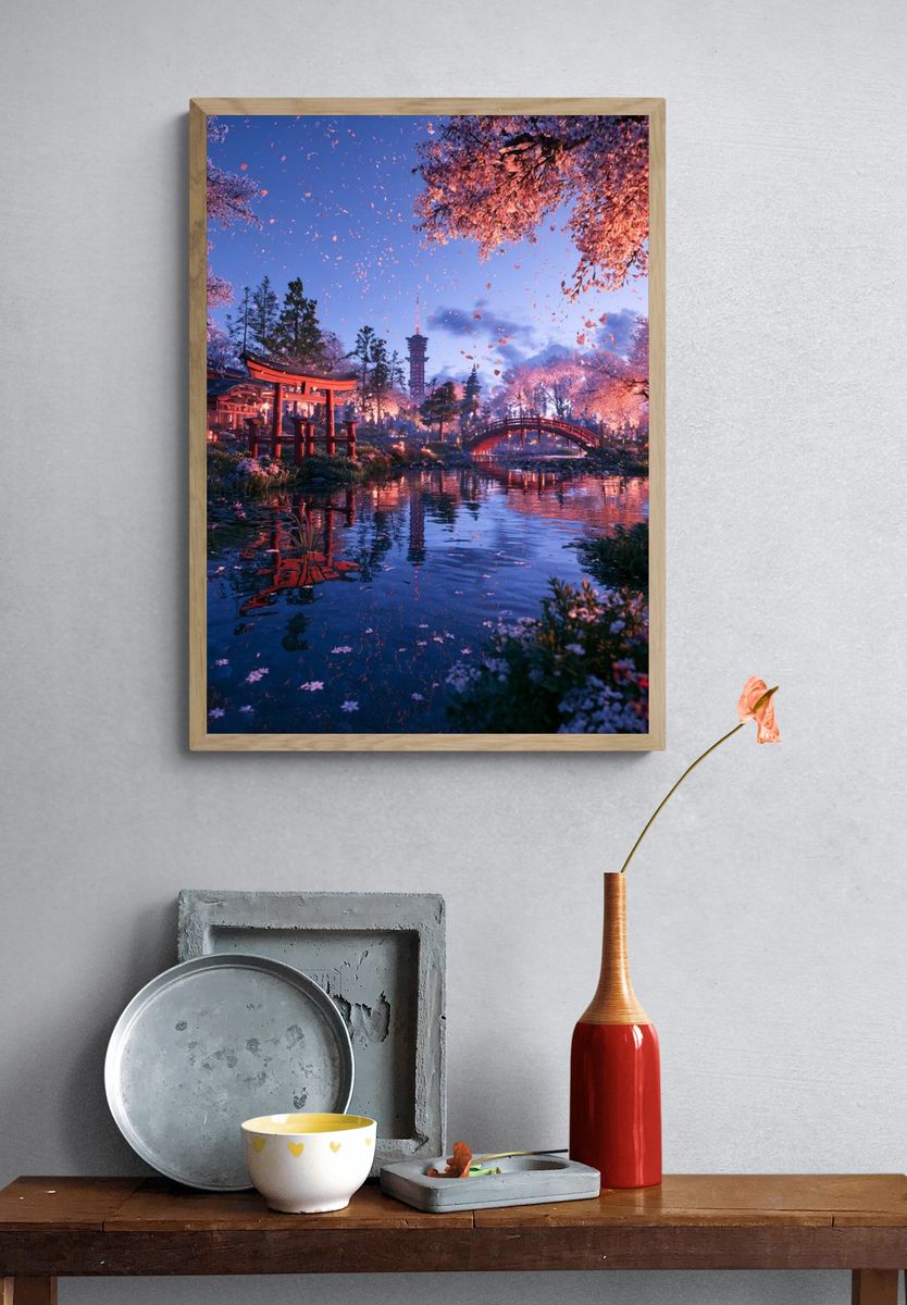 Cherry Blossom Japanese Garden Print. — room view 3