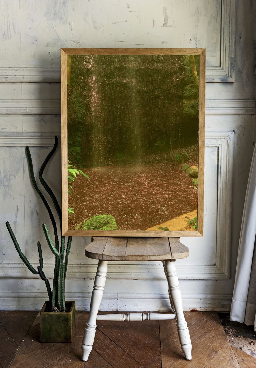 Misty Jungle Waterfall Photography Poster. — room view 1