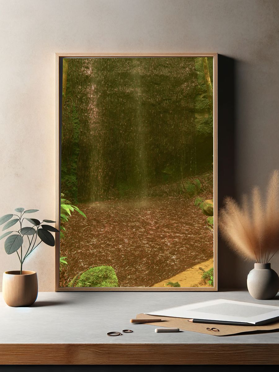 Misty Jungle Waterfall Photography Poster. — room view 2
