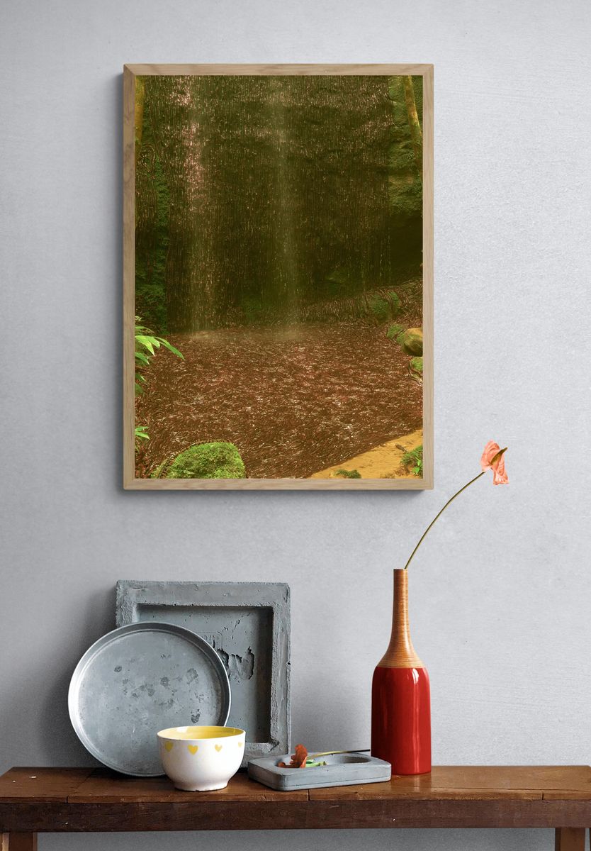Misty Jungle Waterfall Photography Poster. — room view 3