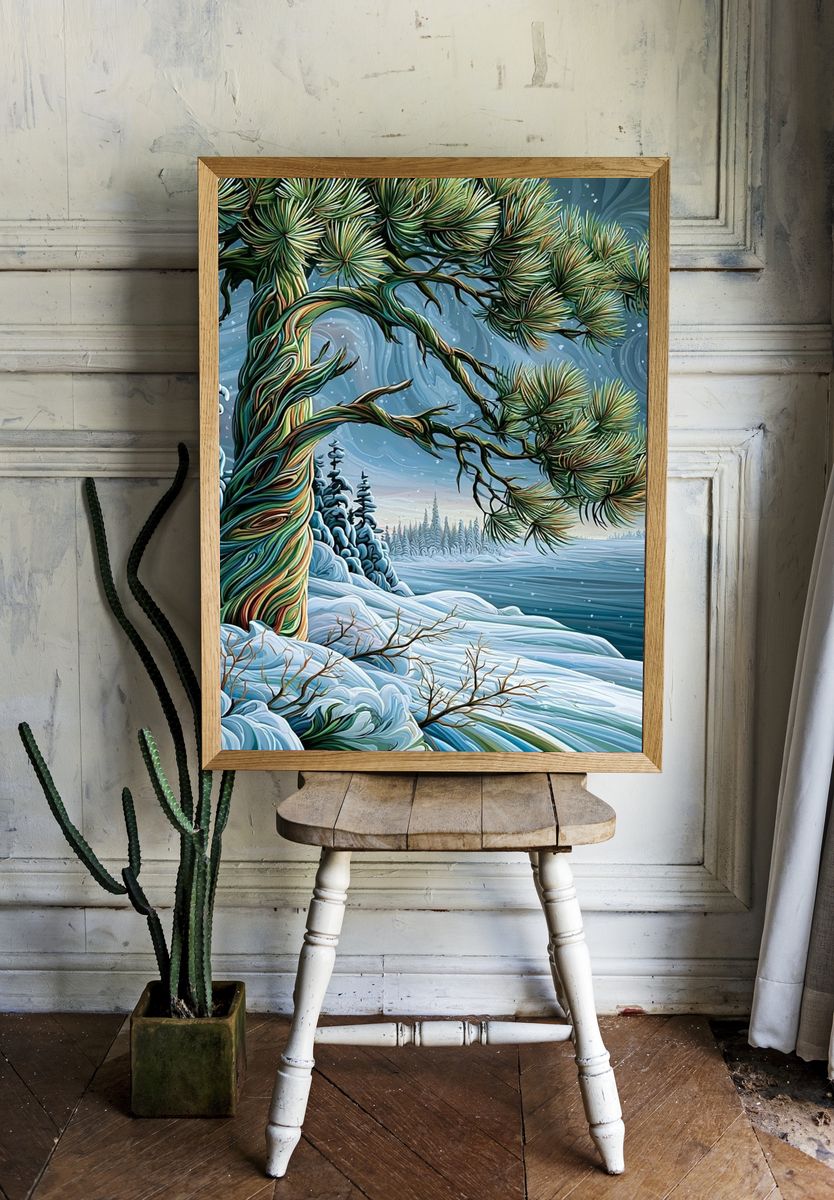 Snowy Pine Landscape Illustration Poster. room preview