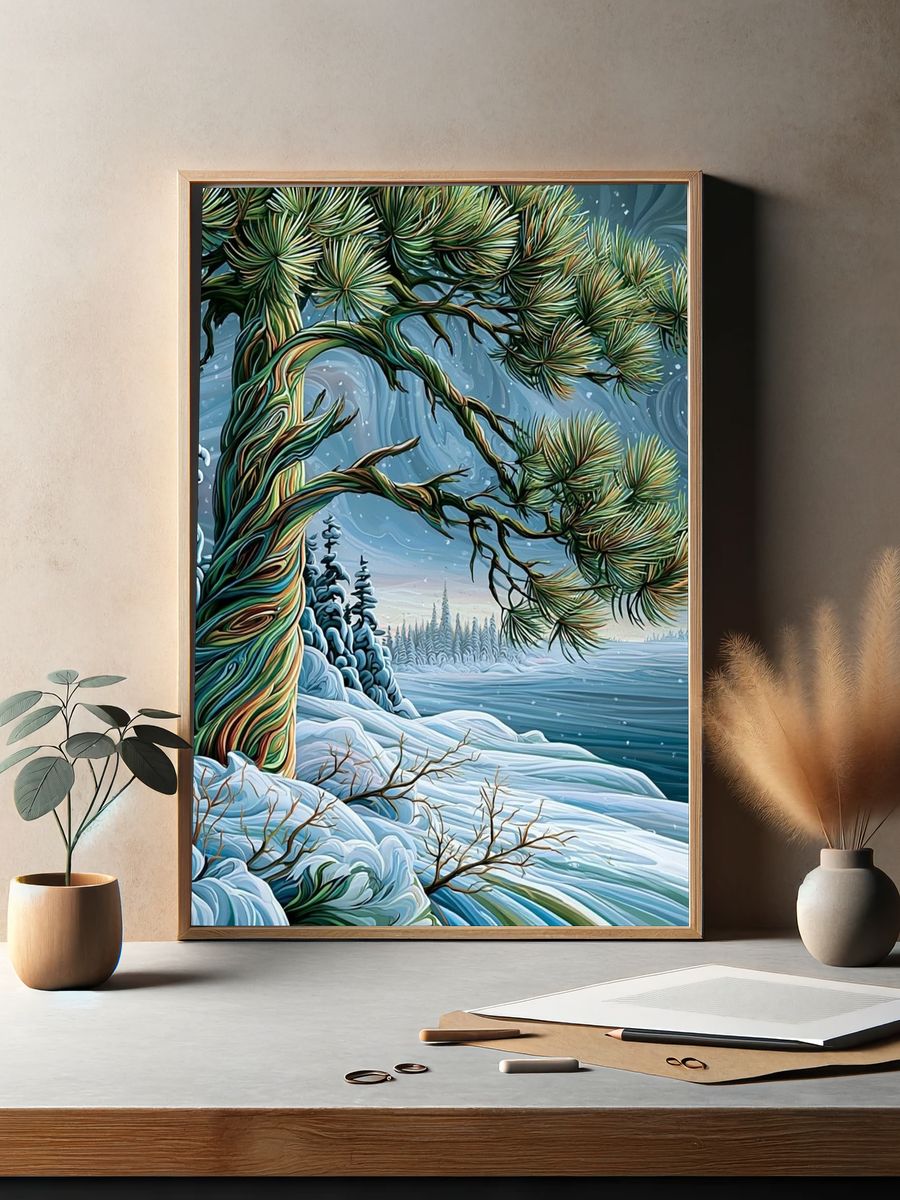 Snowy Pine Landscape Illustration Poster. — room view 2