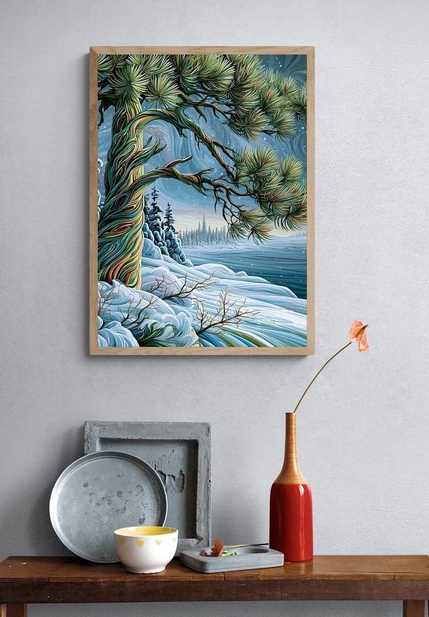 Snowy Pine Landscape Illustration Poster. — room view 3