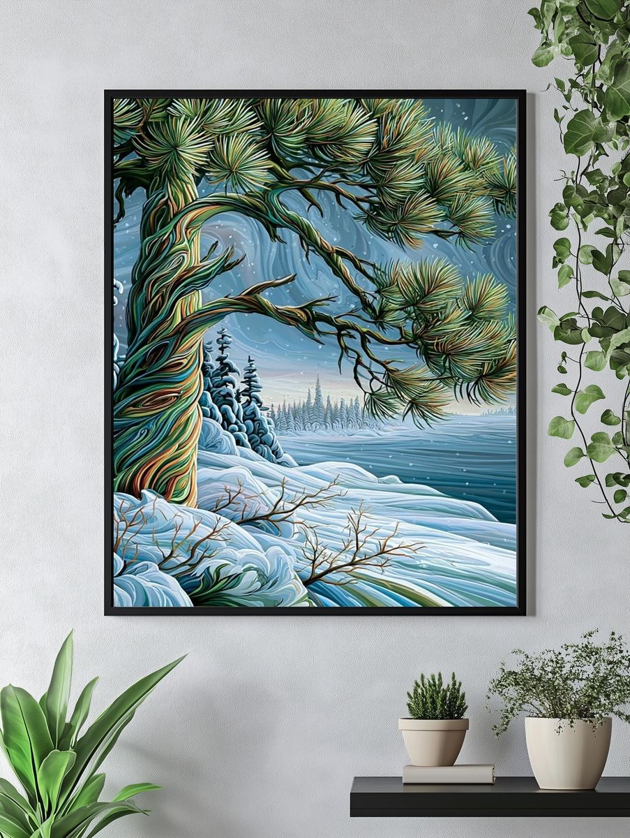 Snowy Pine Landscape Illustration Poster. — room view 4