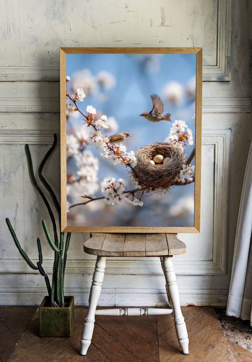 Spring Birds Nest Photography Poster. — room view 1