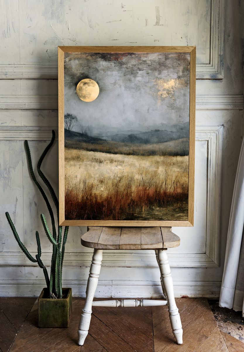 Moonlit Meadow Landscape Print. room preview