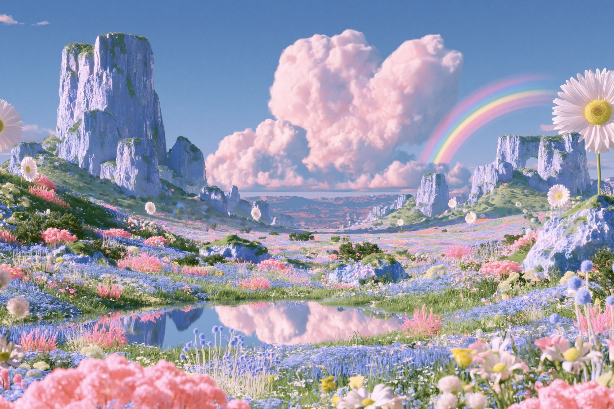 Pastel Rainbow Meadow Landscape Print. poster detail