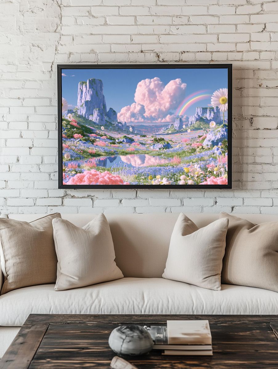 Pastel Rainbow Meadow Landscape Print. — room view 1