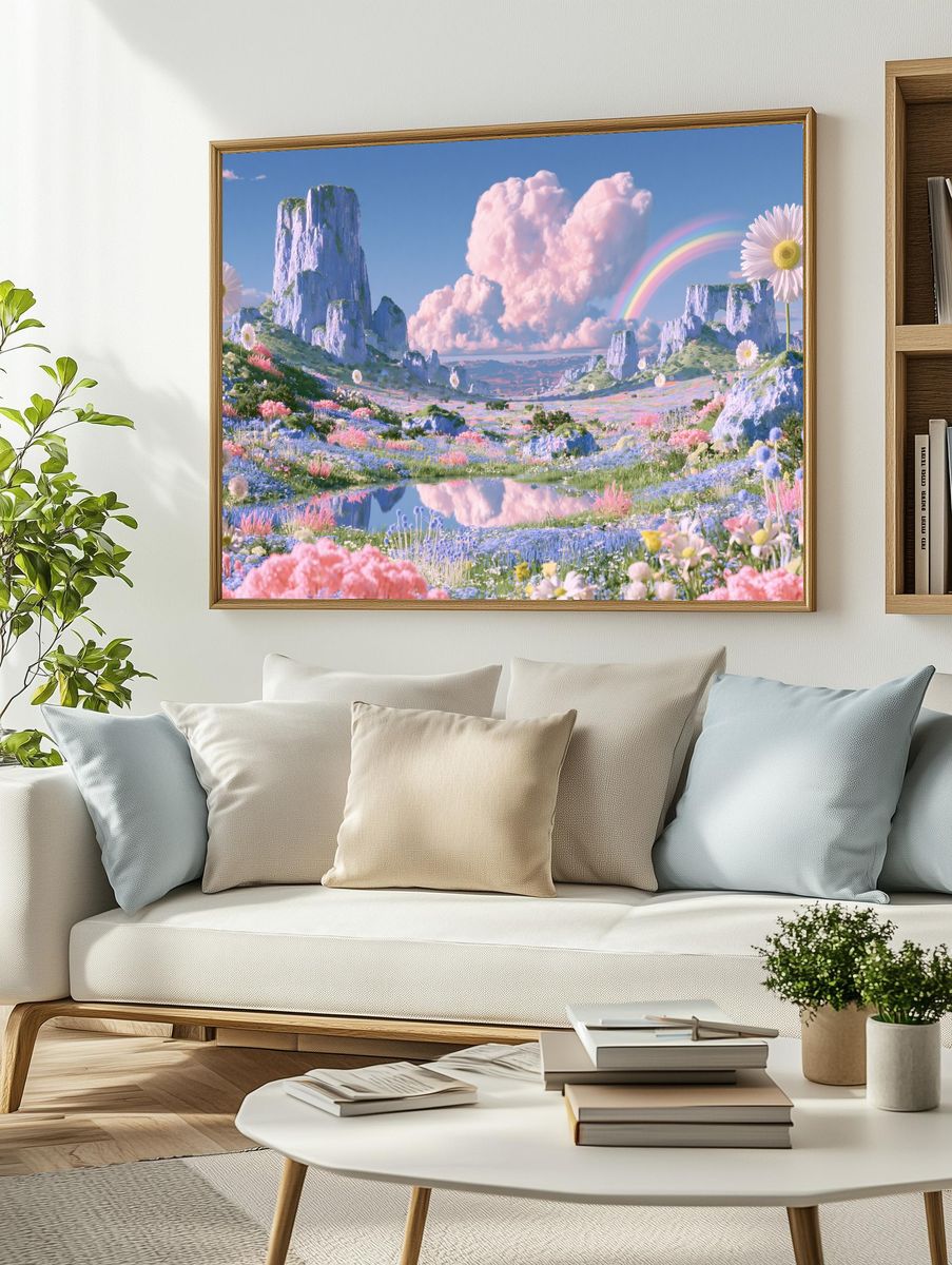 Pastel Rainbow Meadow Landscape Print. — room view 2