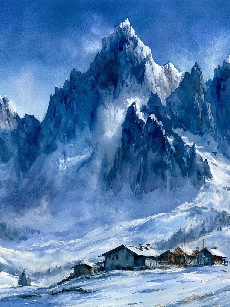 Snowy Alpine Peaks Watercolor Poster. poster detail