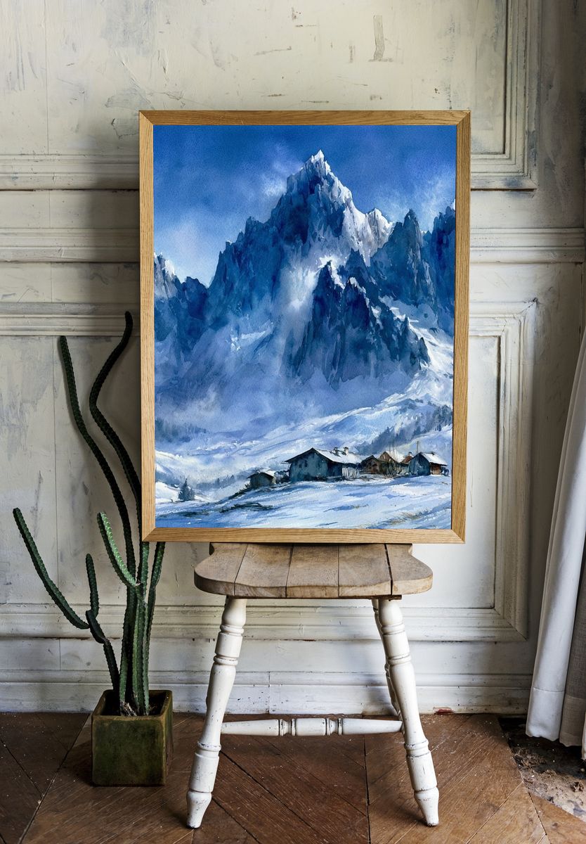 Snowy Alpine Peaks Watercolor Poster. — room view 1