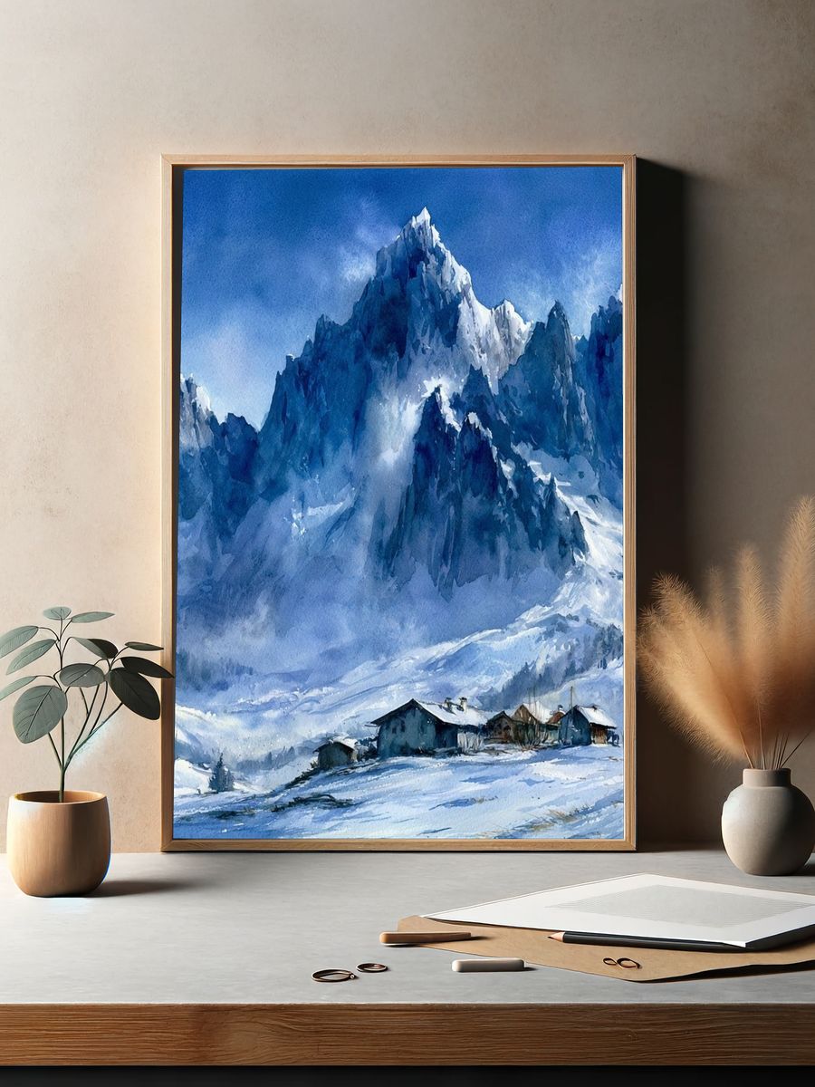 Snowy Alpine Peaks Watercolor Poster. — room view 2