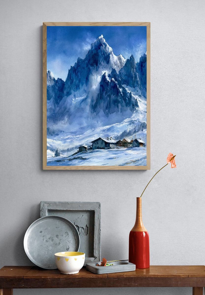 Snowy Alpine Peaks Watercolor Poster. — room view 3