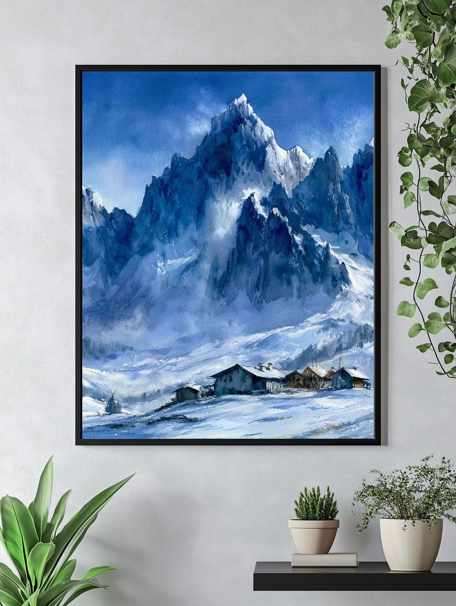 Snowy Alpine Peaks Watercolor Poster. — room view 4