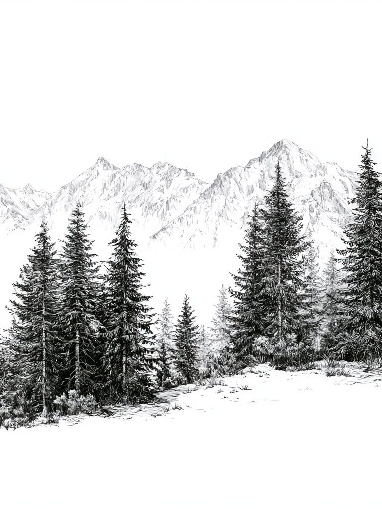 Snowy Pine Mountain Landscape Print. poster detail