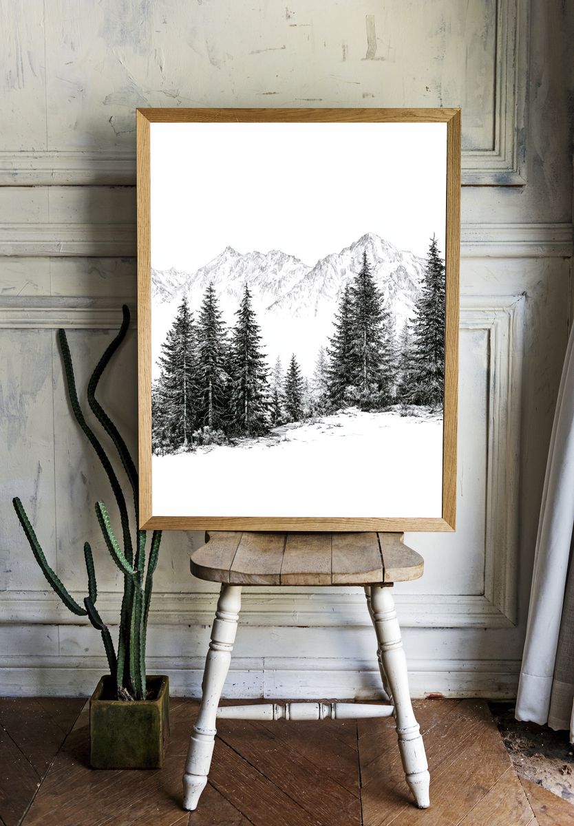 Snowy Pine Mountain Landscape Print. room preview