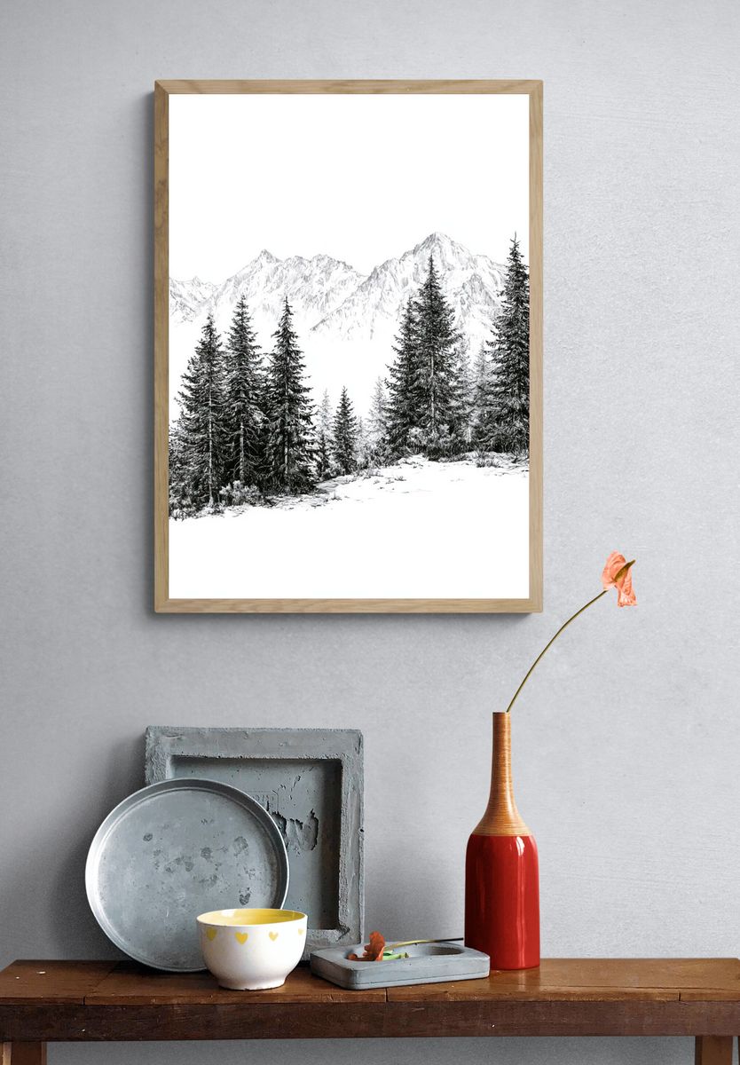 Snowy Pine Mountain Landscape Print. — room view 3