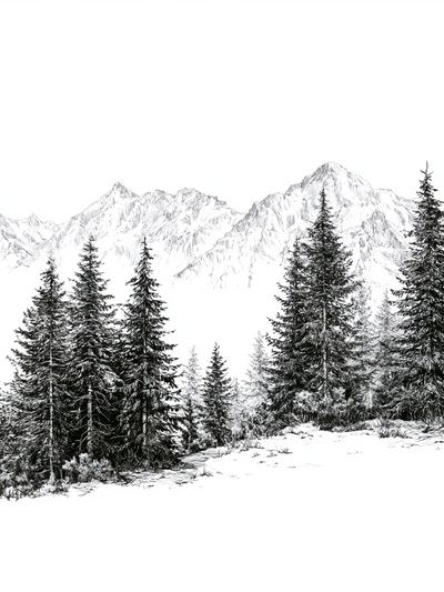 Snowy Pine Mountain Landscape Print. poster