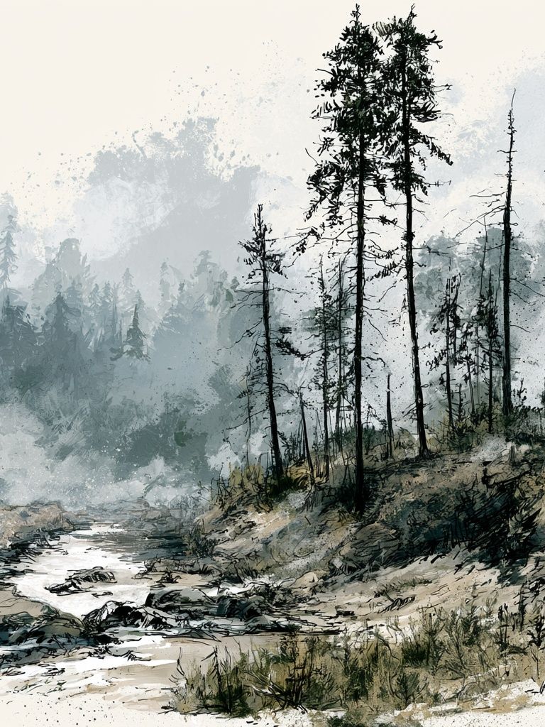 Misty Pine Forest Watercolor Print. poster — nature art