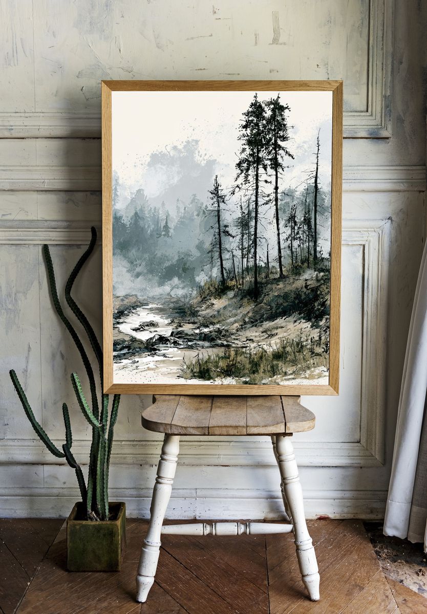 Misty Pine Forest Watercolor Print. — room view 1