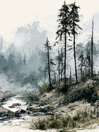 Misty Pine Forest Watercolor Print. poster