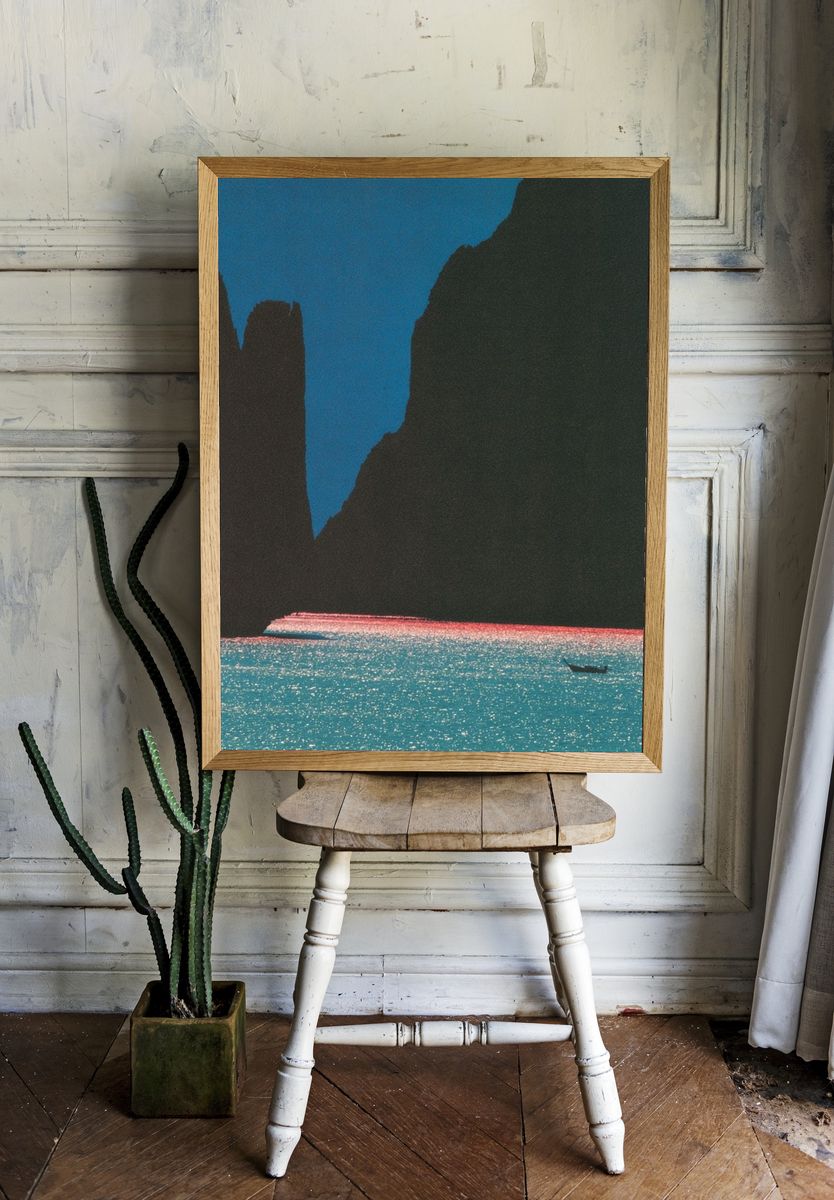 Cliffside Twilight Seascape Poster. room preview