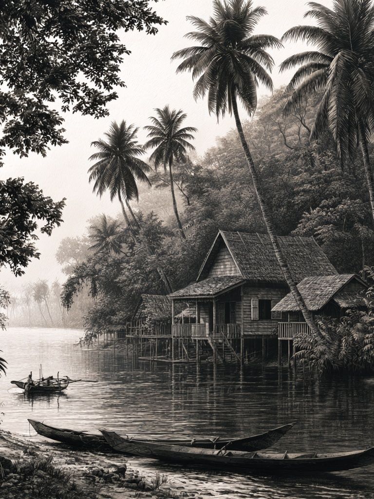 Misty River Palm Village Print. poster detail