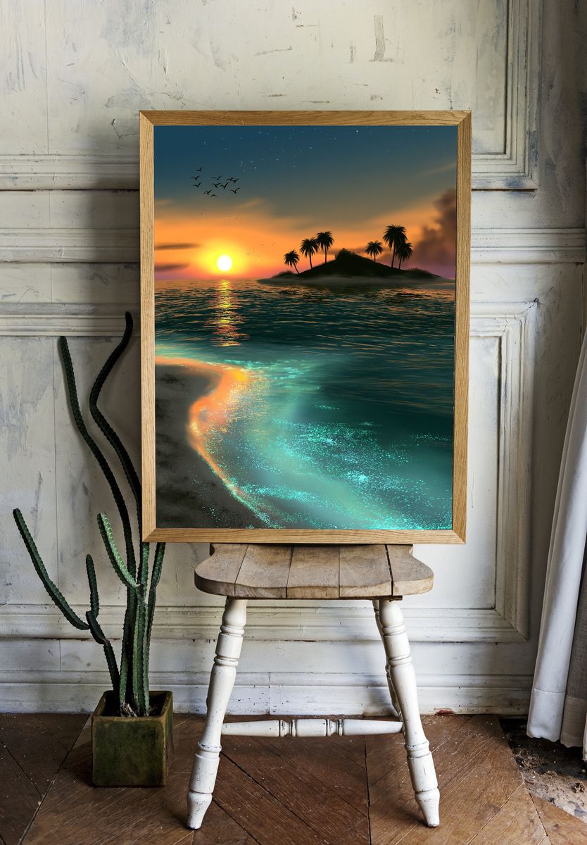 Tropical Sunset Island Print. — room view 1