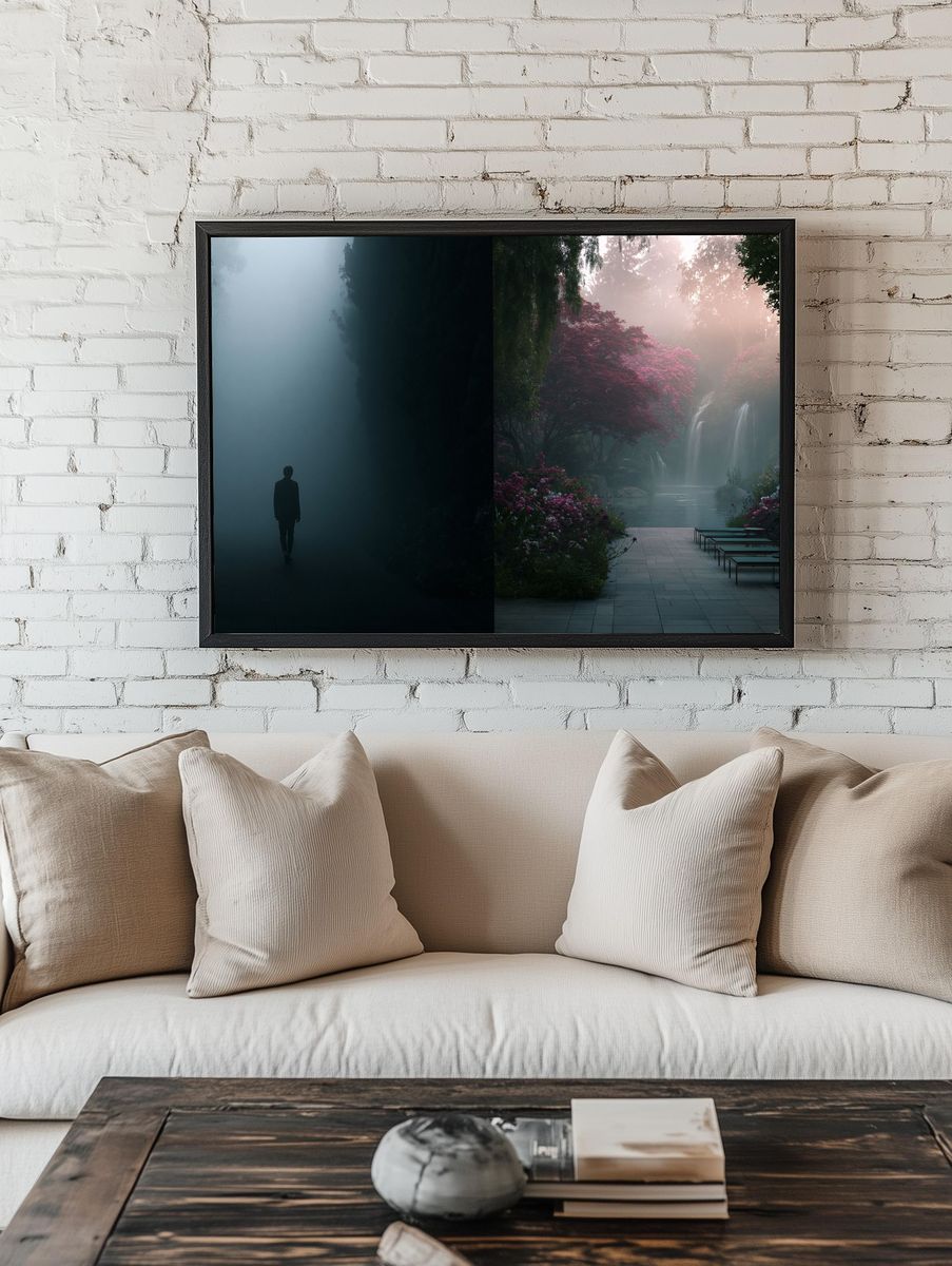 Misty Garden Waterfall Print. room preview