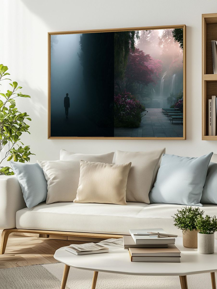 Misty Garden Waterfall Print. — room view 2